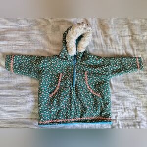 Vtg 70s Handmade 2T Hooded Fleece Lined 1/2 Zip Pullover Jacket Green Floral